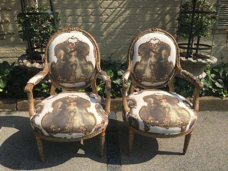 Pair French Louis Style Salon Giltwood Armchairs  upholstered