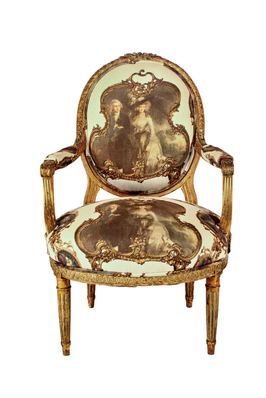 Pair French Louis Style Salon Giltwood Armchairs  upholstered