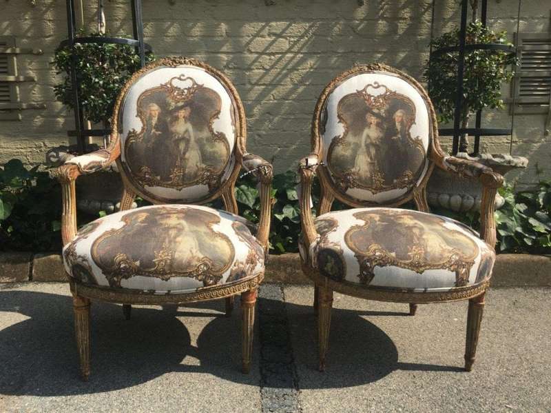 Pair French Louis Style Salon Giltwood Armchairs  upholstered