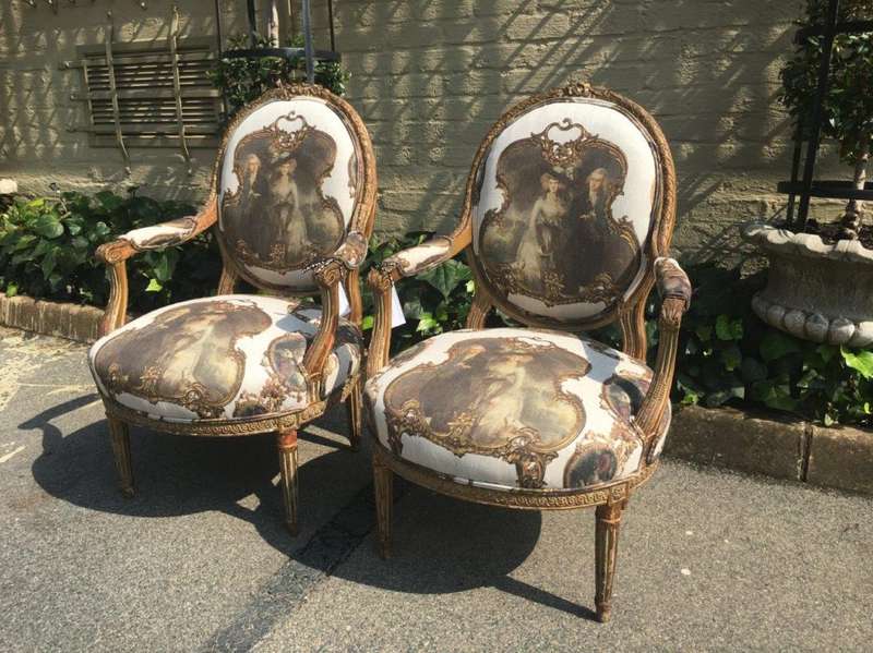 Pair French Louis Style Salon Giltwood Armchairs  upholstered
