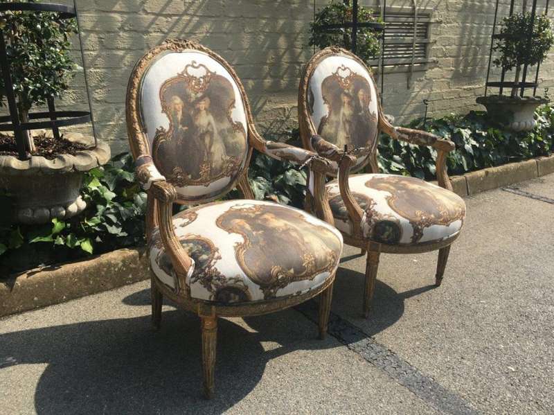Pair French Louis Style Salon Giltwood Armchairs  upholstered