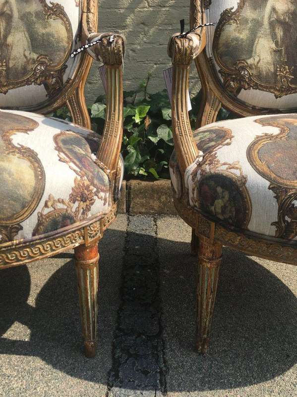 Pair French Louis Style Salon Giltwood Armchairs  upholstered