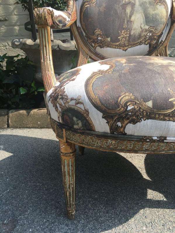 Pair French Louis Style Salon Giltwood Armchairs  upholstered