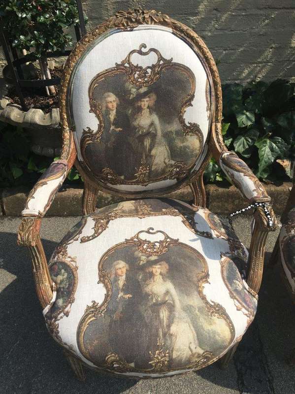 Pair French Louis Style Salon Giltwood Armchairs  upholstered