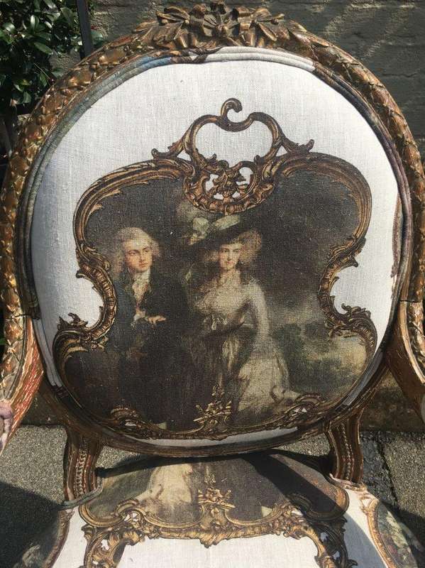 Pair French Louis Style Salon Giltwood Armchairs  upholstered