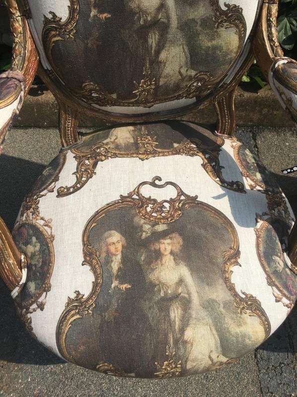Pair French Louis Style Salon Giltwood Armchairs  upholstered