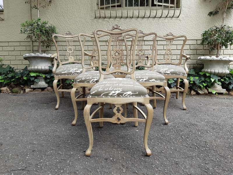 Set of 6 Bleached Antique W. Whitley London Dining Chairs (2 Arch chairs and 4 Dining Chairs)