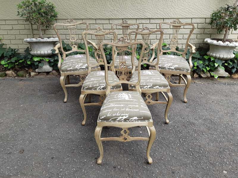 Set of 6 Bleached Antique W. Whitley London Dining Chairs (2 Arch chairs and 4 Dining Chairs)