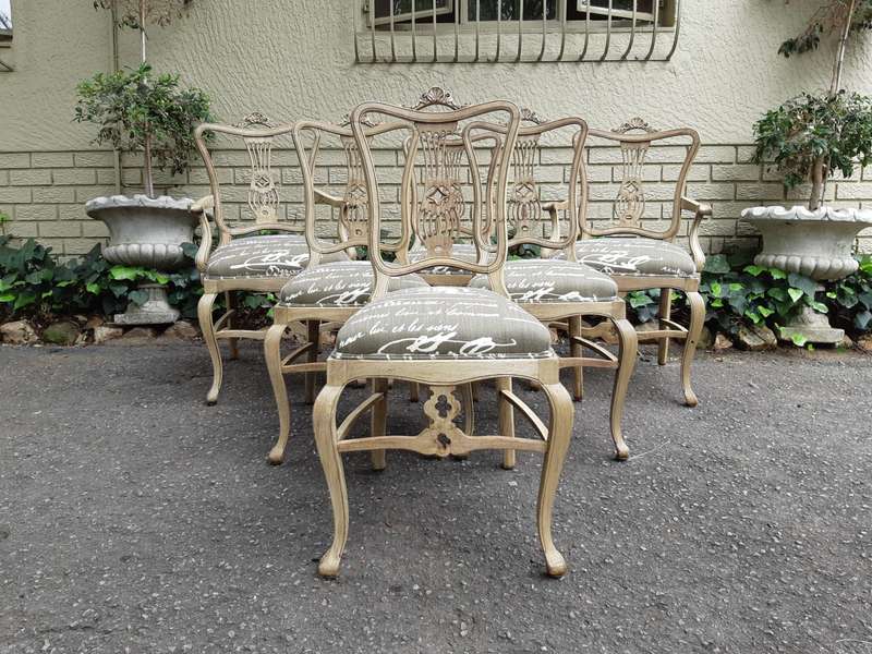 Set of 6 Bleached Antique W. Whitley London Dining Chairs (2 Arch chairs and 4 Dining Chairs)