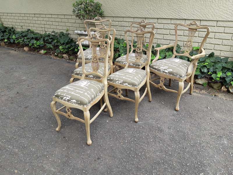Set of 6 Bleached Antique W. Whitley London Dining Chairs (2 Arch chairs and 4 Dining Chairs)
