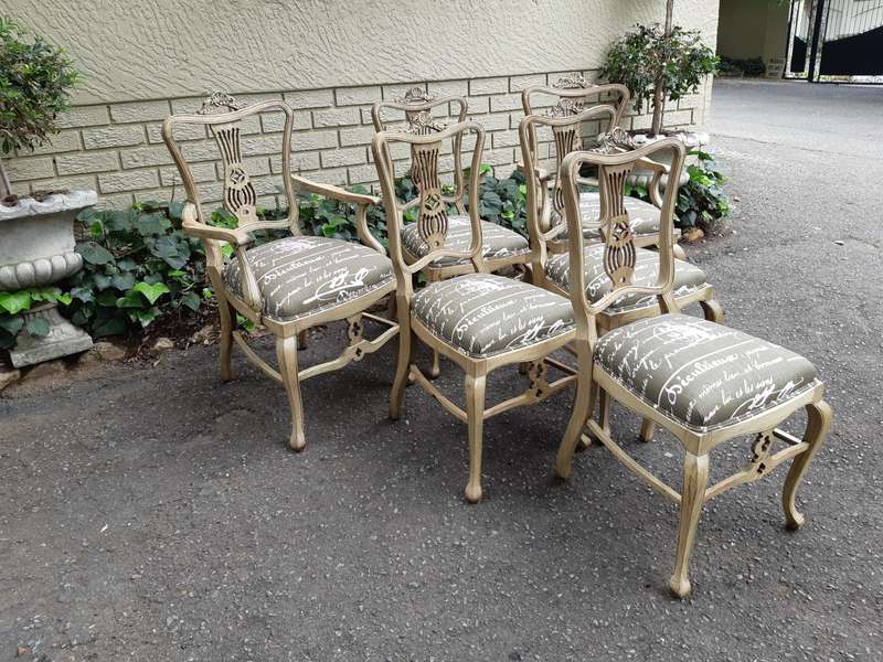 Set of 6 Bleached Antique W. Whitley London Dining Chairs (2 Arch chairs and 4 Dining Chairs)
