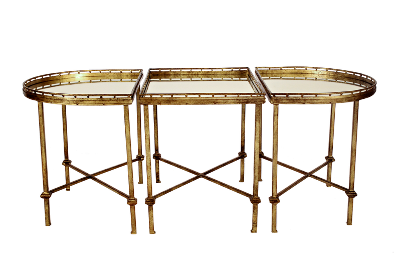 Set of 3 Gilded Wrought Iron Coffee Tables with Gallery Sides (Mirror top)