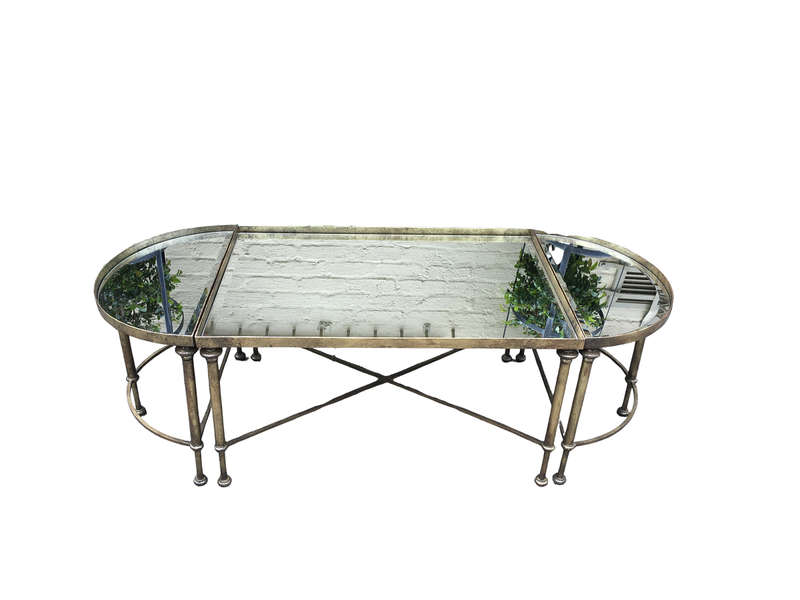 Set of 3 Wrought Iron Gilded Coffee Tables with Mirror Inlay