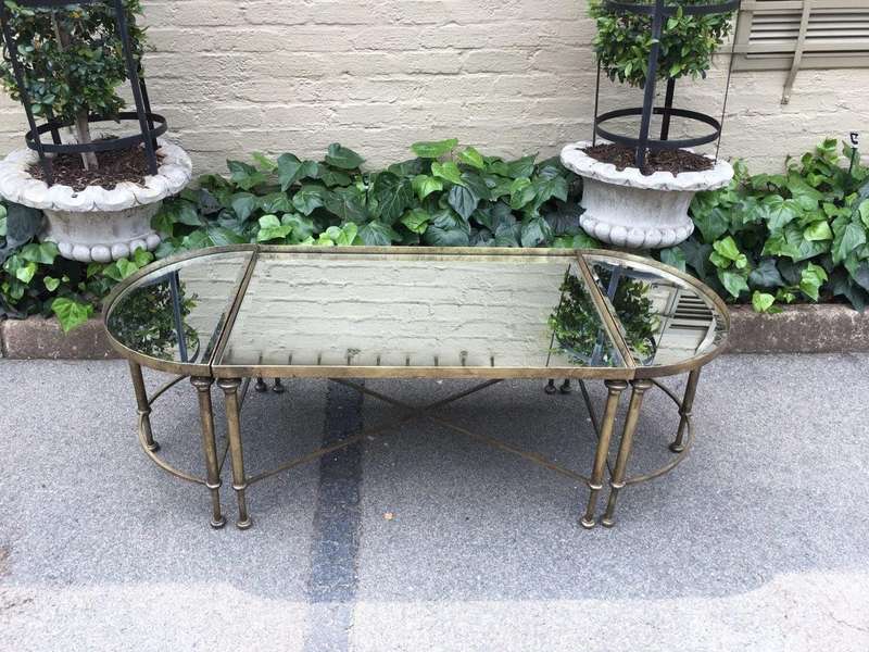 Set of 3 Wrought Iron Gilded Coffee Tables with Mirror Inlay