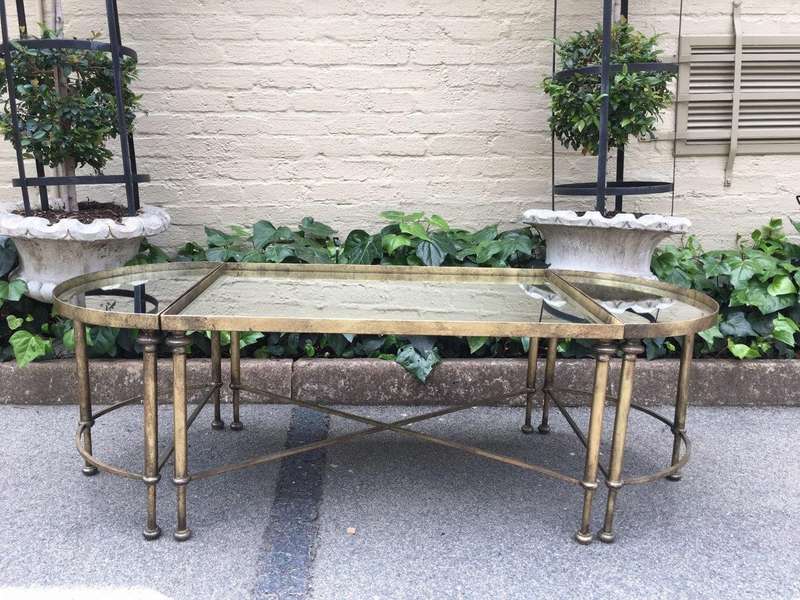 Set of 3 Wrought Iron Gilded Coffee Tables with Mirror Inlay