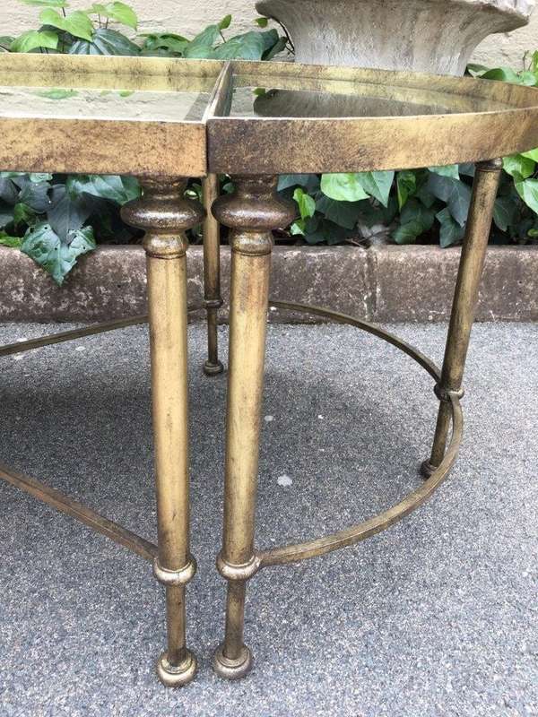 Set of 3 Wrought Iron Gilded Coffee Tables with Mirror Inlay