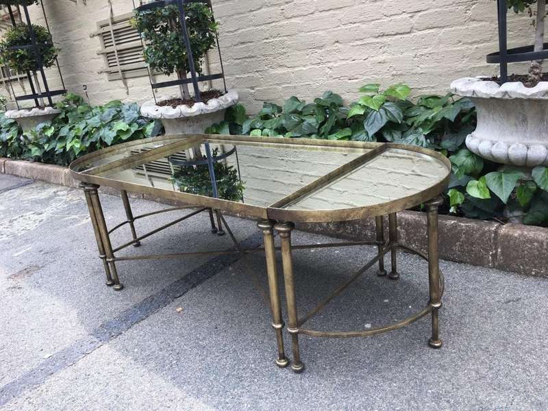 Set of 3 Wrought Iron Gilded Coffee Tables with Mirror Inlay