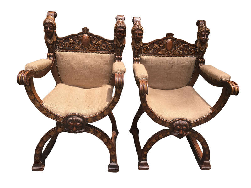 Pair Mid 19th Century Italian Oak Carved Savonarola Chairs, Provenance Heather Lloyd Jones-Westco...