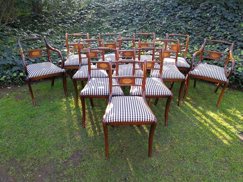 Set of 12 Regency Style Inlaid Mahogany Dining Chairs  upholstered