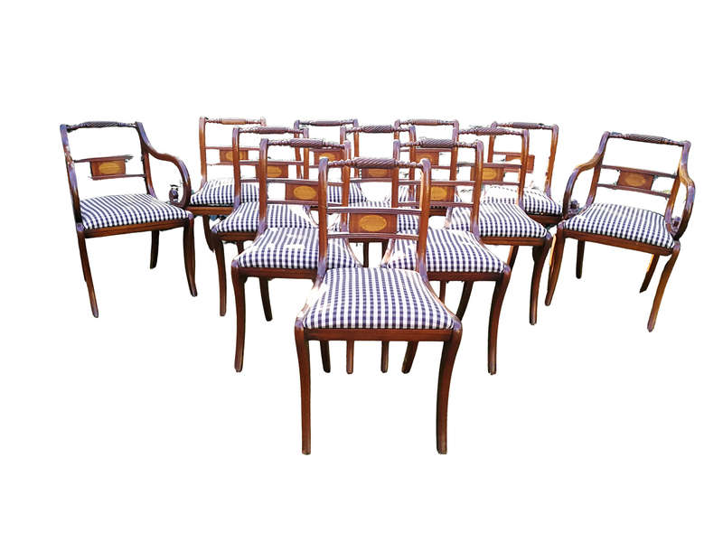 Set of 12 Regency Style Inlaid Mahogany Dining Chairs  upholstered
