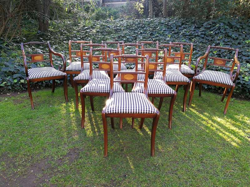 Set of 12 Regency Style Inlaid Mahogany Dining Chairs  upholstered