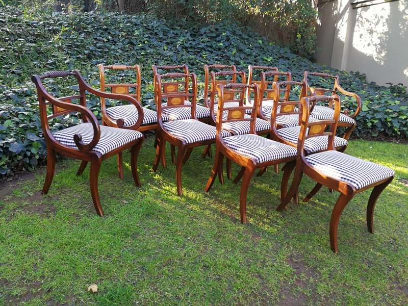 Set of 12 Regency Style Inlaid Mahogany Dining Chairs  upholstered