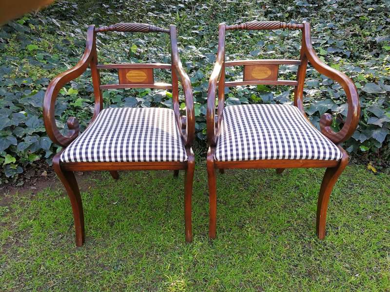 Set of 12 Regency Style Inlaid Mahogany Dining Chairs  upholstered