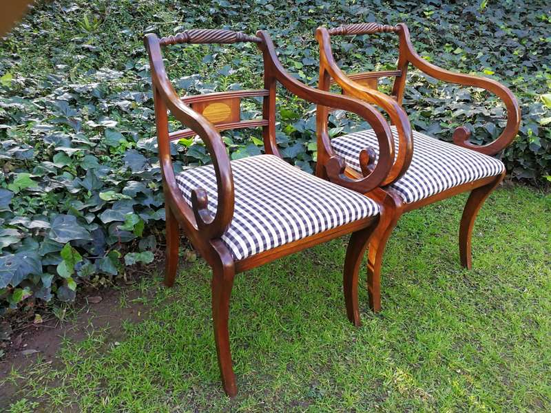 Set of 12 Regency Style Inlaid Mahogany Dining Chairs  upholstered
