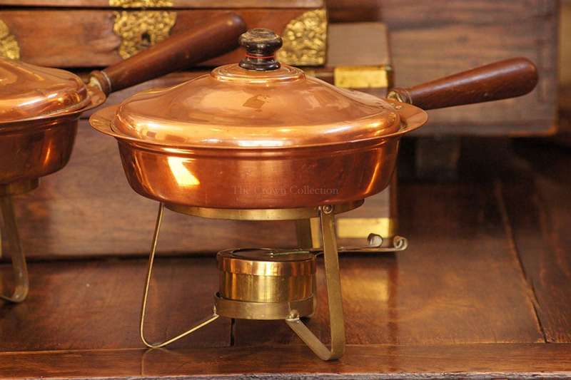 Pair Copper Lidded Pans In Stand With Burner