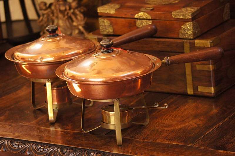 Pair Copper Lidded Pans In Stand With Burner
