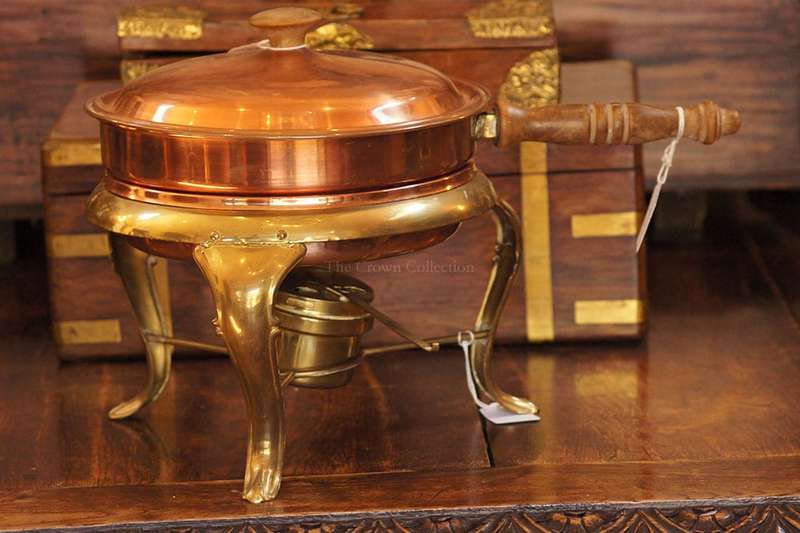 Large Copper Pan & Lid On Brass Burner & Stand (3 Pieces)