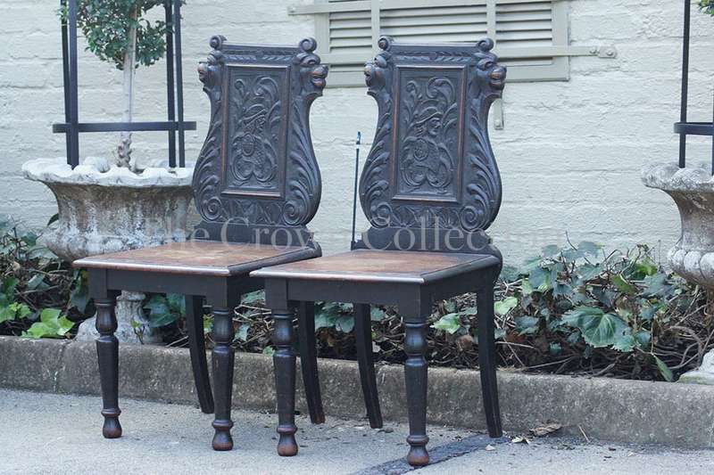 Pair Victorian Oak Hall Chairs
