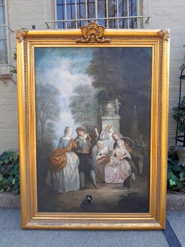 An Extremely Large and Decorative Country Scene Oil on Canvas in a Carved and Gilded Frame