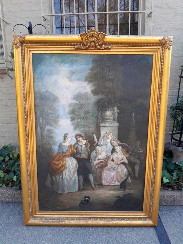 An Extremely Large and Decorative Country Scene Oil on Canvas in a Carved and Gilded Frame