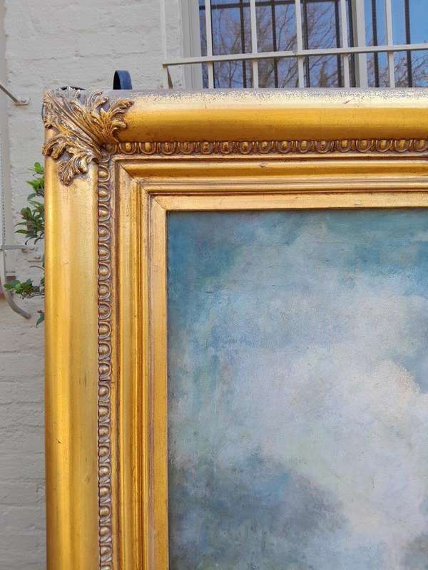 An Extremely Large and Decorative Country Scene Oil on Canvas in a Carved and Gilded Frame