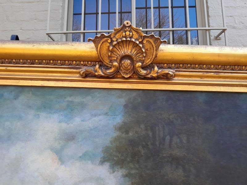 An Extremely Large and Decorative Country Scene Oil on Canvas in a Carved and Gilded Frame
