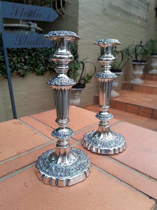 An Antique Circa 1820s  Pair of George IV Silver Plate  Regency Candlesticks / Candle Holders