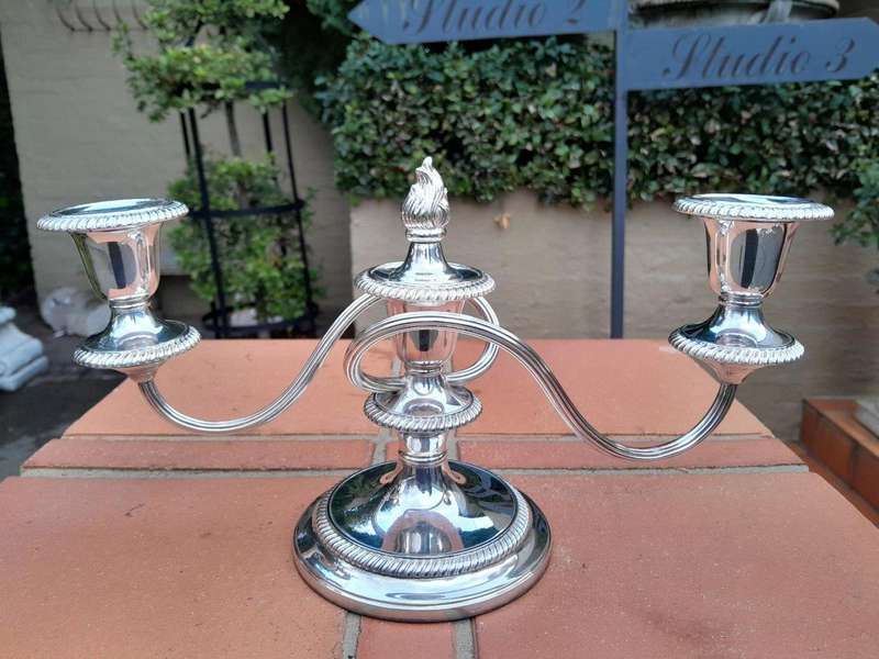 A 20th Century Mappin and Webb Silverplate Candelabra with Sconces with Candle Snuffer on the Top