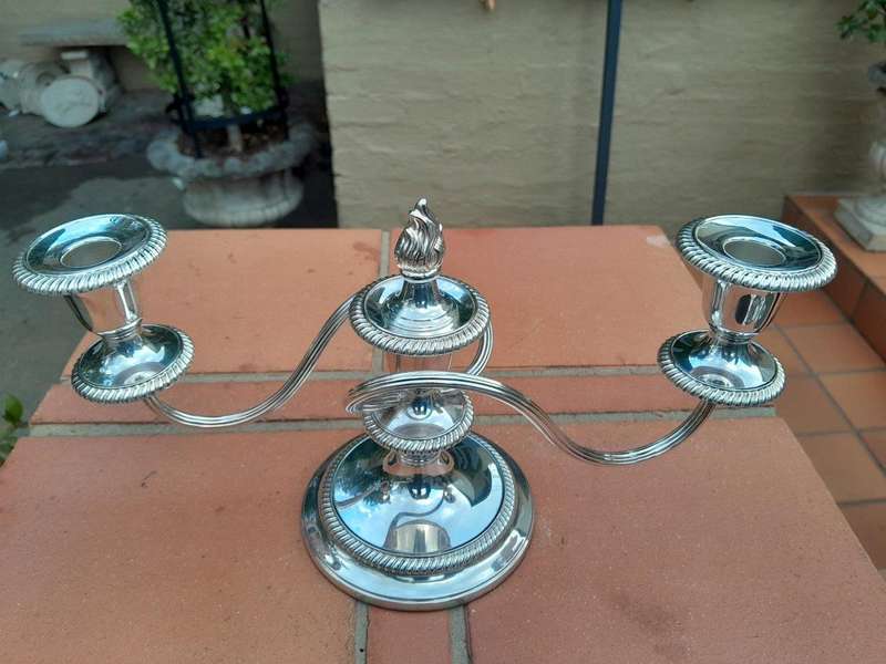 A 20th Century Mappin and Webb Silverplate Candelabra with Sconces with Candle Snuffer on the Top
