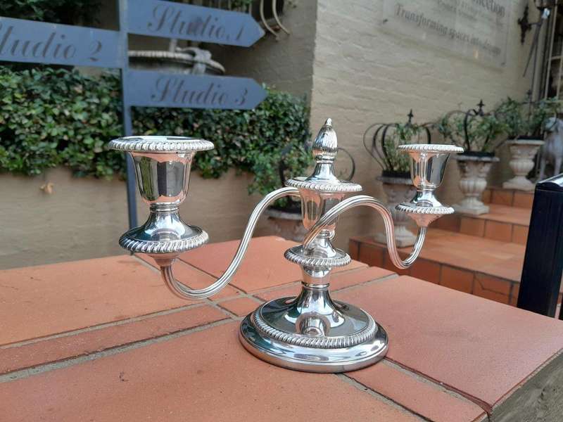A 20th Century Mappin and Webb Silverplate Candelabra with Sconces with Candle Snuffer on the Top