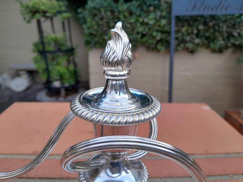 A 20th Century Mappin and Webb Silverplate Candelabra with Sconces with Candle Snuffer on the Top