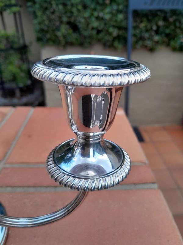 A 20th Century Mappin and Webb Silverplate Candelabra with Sconces with Candle Snuffer on the Top