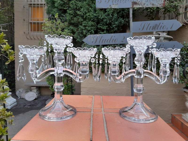 A 20TH Century Pair of Candelabras with Drip Tray and Crystals