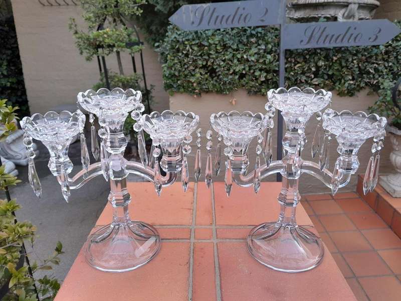 A 20TH Century Pair of Candelabras with Drip Tray and Crystals