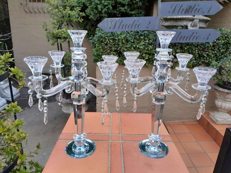 A 20th Century Pair Of Crystal Candelabras With Crystals and Drip Trays