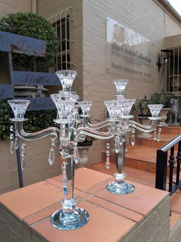 A 20th Century Pair Of Crystal Candelabras With Crystals and Drip Trays