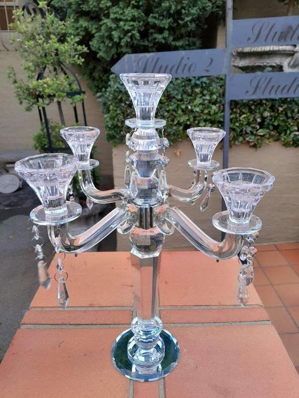A 20th Century Pair Of Crystal Candelabras With Crystals and Drip Trays
