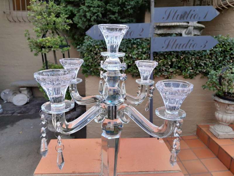 A 20th Century Pair Of Crystal Candelabras With Crystals and Drip Trays