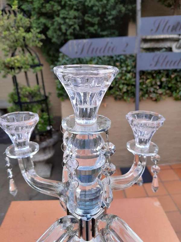 A 20th Century Pair Of Crystal Candelabras With Crystals and Drip Trays