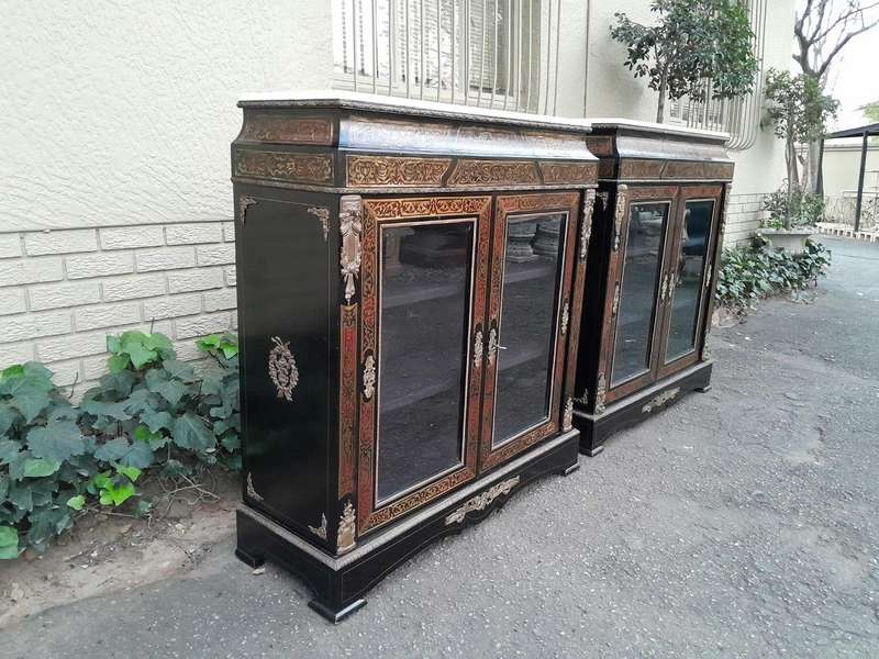 A Near Pair of Late 19th Century  / Early 20th century French Boulle Ebonised and Gilt Metal Cabi...